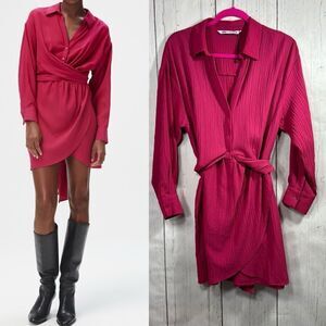 Zara Fuchsia Pink Belted Shirt Dress Crinkle Texture Wrap Style Modern Chic